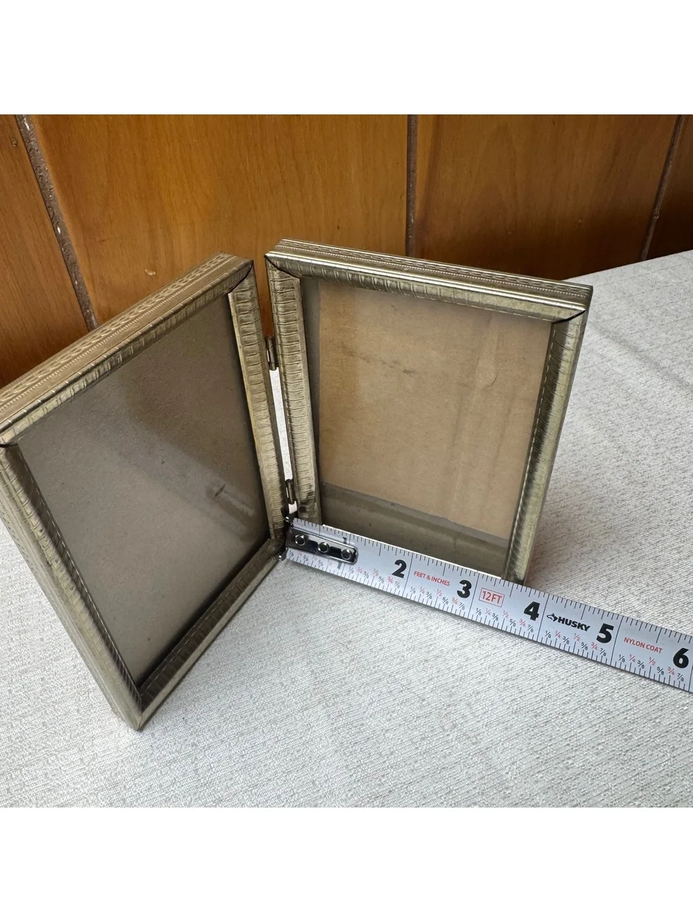 Vintage Brass Tone Double Hinged Picture Frame Holds Two 3.5x5 Photos